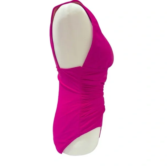 J. Crew Women’s V-Neck Ruched One Piece Swimsuit Color is Hot Pink Flattering - Picture 3 of 7